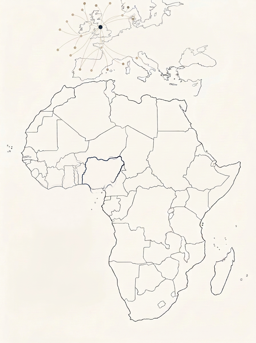 Map of Africa connecting London, Lagos and Abuja